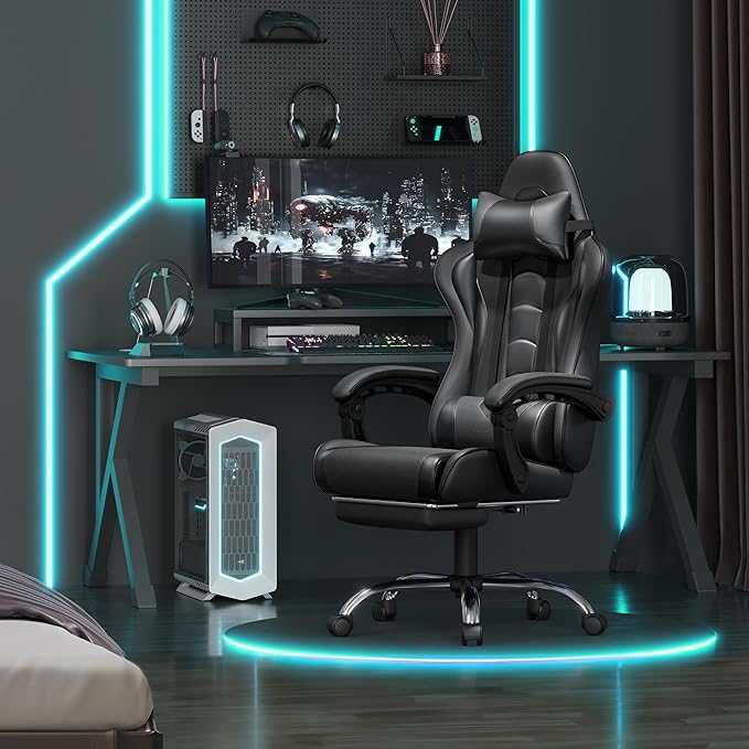Yaheetech Gaming Chair Video Game Chair with Massage Lumbar Support and Footrest Height Adjustable Ergonomic Computer Chair with Swivel Seat and Headrest Full Black