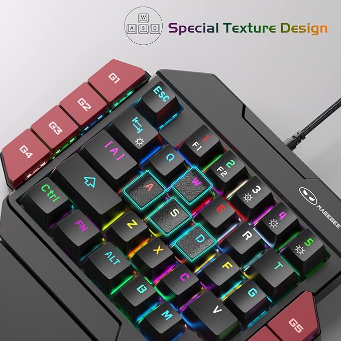MageGee One Handed Professional Gaming Keyboard RGB Backlit 35 Keys Mini Wired Mechanical Keyboard with Red Switch for PC Gamer Support 6 Macro Keys - Black/Red