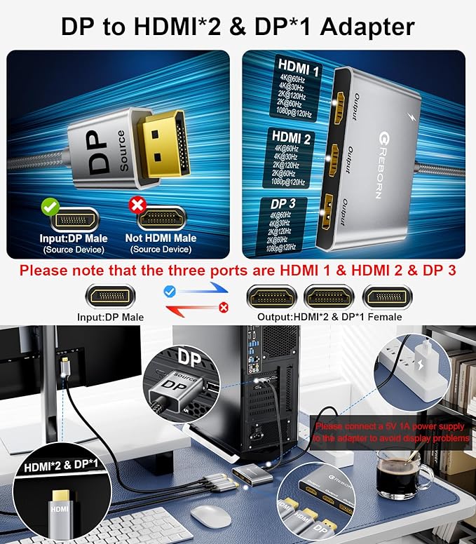 Reborn DisplayPort to Dual HDMI Splitter and DP Adapter 4K@60Hz DP Source to 2 HDMI and DisplayPort Adapter 1 in 3 Out Splitter Extended Display with PC Graphics Card Lenovo HP and More