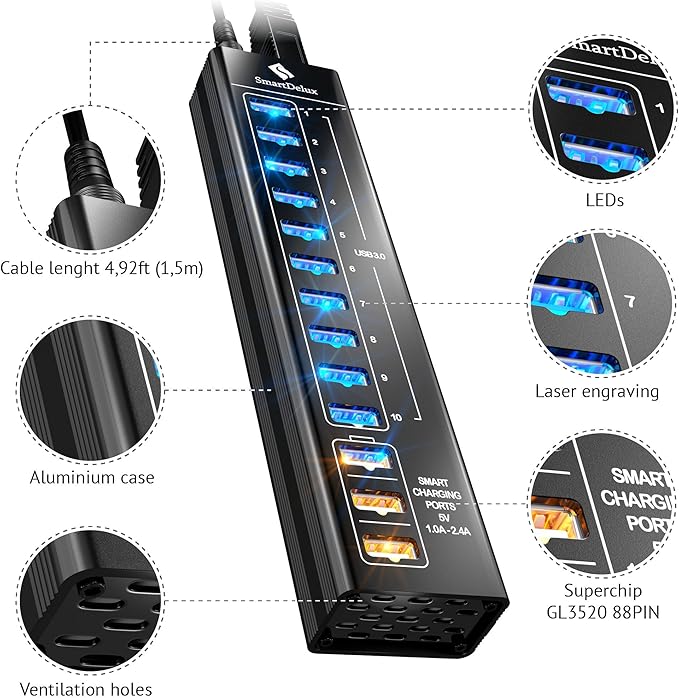 SmartDelux Powered USB Hub - 13-Port USB 3.0 Hub with 10 USB 3.0 Ports 3 Smart Charging Ports Power Adapter Long Cord LEDs - Black Aluminum
