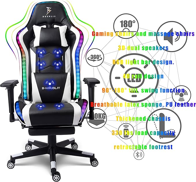 TBQATNTS 7-Point Massage Gaming Chair Video Gaming Chair with Speakers and LED/RGB Lights Ergonomic Computer Chair with Footrest and Lumbar Support 180 Degree Tilt High Back Office ChairRed