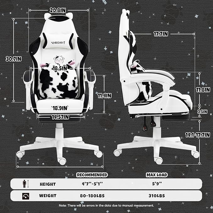Black and White Cow Gaming Chair with Footrest Ergonomic Cute Gamer Chair for Girls Comfortable Computer Desk Chair for Adults Teens