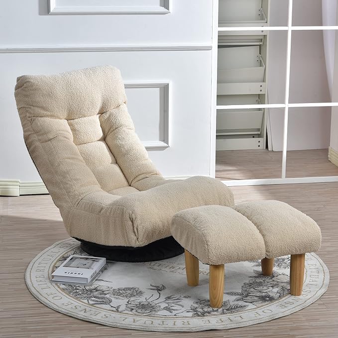 Yoglad Japanese Style Chaise Lounge Sofa Chair Floor Lazy Sofa for Reading Game Meditating 3 Adjustable Positions with Comfortable Backrest (White Ottoman)