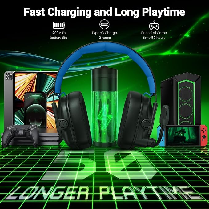 Wireless Gaming Headset with Noise Canceling Microphone for PC PS5 PS4 Switch Mac 2.4 GHz Wireless &amp Bluetooth 5.4 Gaming Headphones Cool RGB Lighting 50Hr Battery 50mm Drivers(Blue)