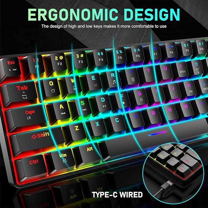 65% Wired Gaming Mechanical Keyboard and Mouse Combo Mini 68 Keys RGB Backlight Lightweight RGB Optical MouseMouse Pad Compatible with PS4XboxPCLaptopMAC (Black/Blue Switch)