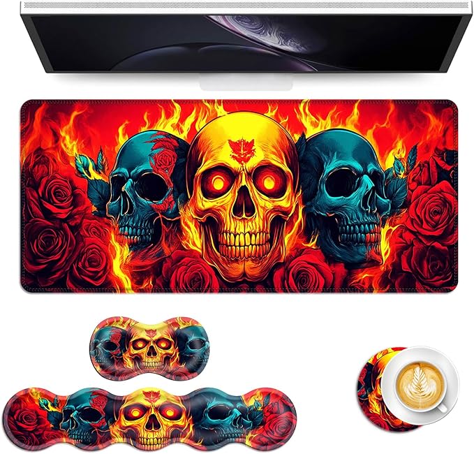 Keyboard Mouse Pad Set Extended Gaming Mouse Pad+Ergonomics Keyboard Wrist Rest Support Memory Foam Easy Typing Pain Relief 4Pcs XL Ultra Thick Desk MatFlaming Skulls and Roses