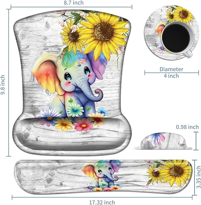 Keyboard Wrist Rest and Mouse Wrist Rest Pad Set Made of Memory Foam with Non Slip Rubber Base Ergonomic Gel Wrist Rest for Computer Keyboard Gaming Office Working Cute Elephant Sunflower Coaster