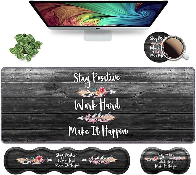 Ergonomic Keyboard Wrist Rest &amp Mouse Pad Wrist Rest Set Stay Positive Work Hard and Make It Happen Pattern Inspirational Quote Large XXL Gaming Desk Mat Memory Foam Easy Typing Pain Relief