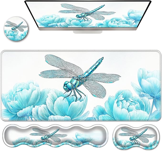 Ergonomic Keyboard Wrist Rest &amp Mouse Pad Wrist Rest SetXL Gaming Desk Mat 31.5x 11.8Non-Slip BaseMemory FoamEasy Typing Pain Relief for Office &amp HomeDragonfly Blooming Flower