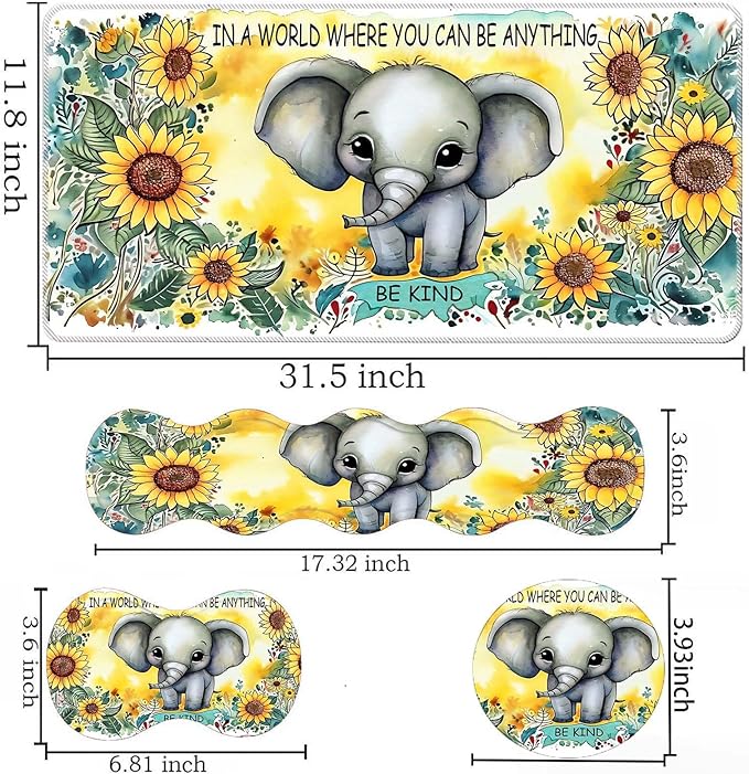 Keyboard Mouse Pad SetLarge Desk Pad+Keyboard Wrist Rest+Mouse Pad Wrist Support+CoasterEasy Typing Pain Relief Non-Slip Mousepad Wrist Support Mousepad Set Home OfficeSunflower Elephant