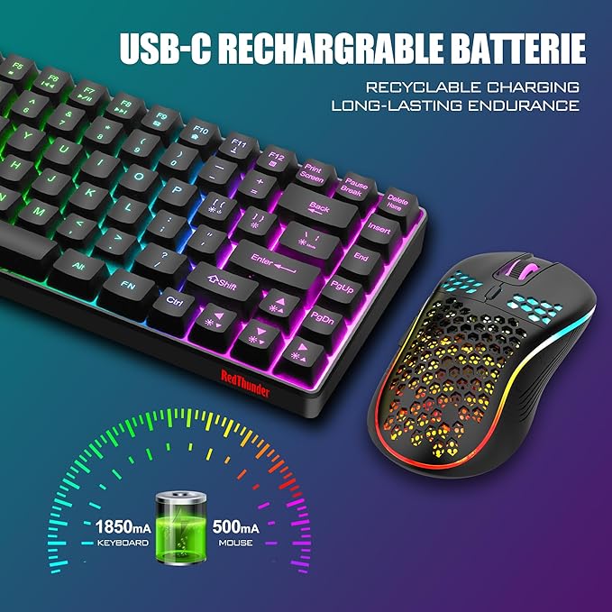 RedThunder K84 Wireless Keyboard and Mouse Combo Rainbow Backlit Rechargeable Battery 75% Layout TKL Ultra Compact Gaming Keyboard &amp Lightweight 3200 DPI Honeycomb Optical Mouse (Black)