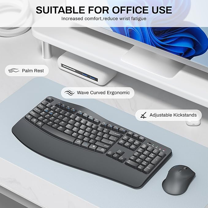 Wireless Keyboard and Mouse Combo2.4G Full Size Wave Keys Ergonomic Keyboard with Wrist Rest for Natural Typing 3 DPI Adjustable Ergonomic Silent Mouse for Computer/Laptop/Windows/Mac (Gray)