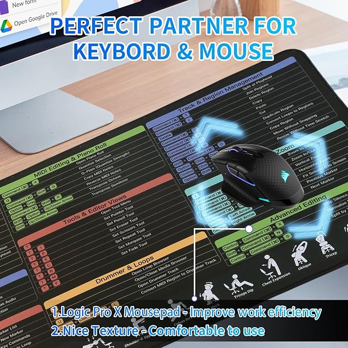 Logic Pro X Shortcuts Mouse pad Extra Large Keyboard Shortcut Desk Pad Large Gaming Desk Mat Mousepad Stitched Edges Non-Slip Rubber Base Mouse Pads for Computers Laptop