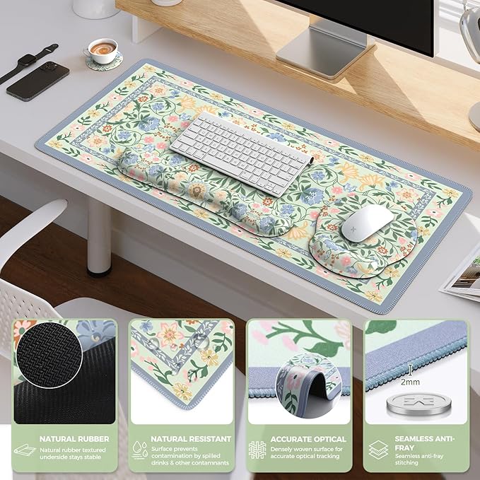 iCasso Desk Cover Mat Gaming Mouse Pad Wrist Support Set4in1 XXL Large Mousepad + Keyboard Wrist Rest+Mouse Wrist Rest+Coaster Set with Ergonomic Design for Home Office Table Computer(Green Flowers)