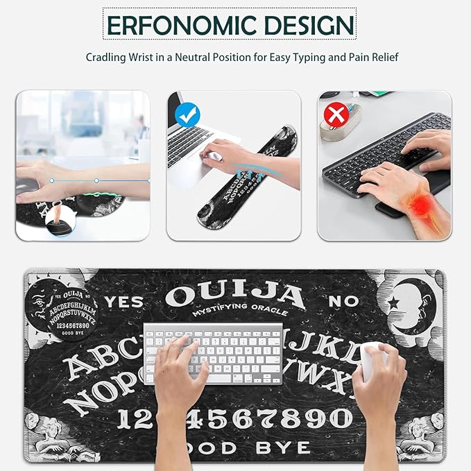 Large Mouse Pad Ergonomic Mouse Pad with Wrist Rest and Keyboard Wrist Rest 4 in 1 Set 31.5 x11.8 inch Extended Desk Pad for Home Office Ouija Board Witch Pattern XXL Black Gaming Mouse Mat