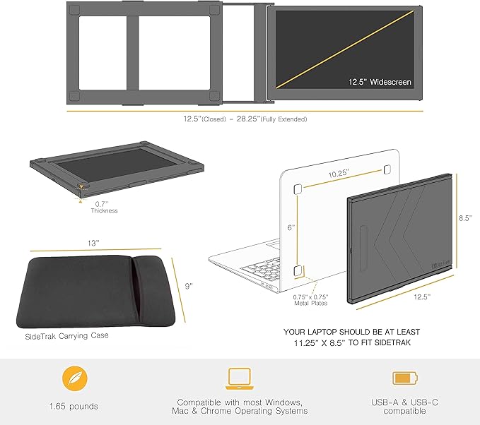 SideTrak Slide Portable Monitor 12.5 Screen with Carrying Case - Attaches to Your Laptop for Easy Travel - Efficient USB Power - Fits Mac and PC 13-17 Laptops - Full HD IPS Display (Patent Pending)