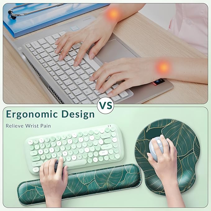 Desk Mat Set + Keyboard and Mouse Pad with Wrist Rest Support4-in-1 Large Mousepad Computer Mats for Desktop Home &amp Office-Green Leaves