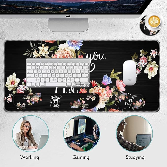 Mouse Pad Set(31.5×11.8 in) Desk Pad + Keyboard Wrist Rest Support + Mouse Wrist Rest + Coaster for OfficeHomeComputerLaptop - 4 Motiavation Quote You Got This
