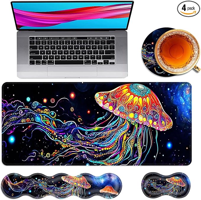 Large Mouse Pad and Keyboard Wrist Rest Desk Pad for Keyboard and Mouse 4-in-1 Large Gaming Mouse Pad with Wrist Support Desk Mat for Home Office Study GameColorful Jellyfish