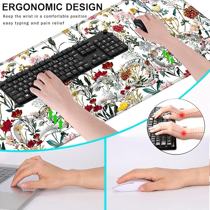 Keyboard Wrist Rest and Mouse Pad with Wrist Support Set Ergonomic CoasterMemory FoamEasy Typing Pain ReliefLarge XL Desk Mat 31.5x 11.8Beautiful Floral
