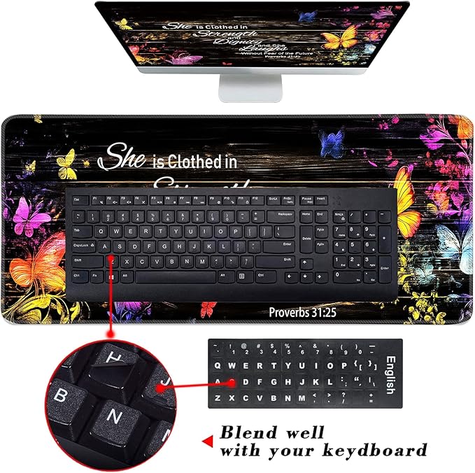 Keyboard Wrist Rest and Mouse Pad with Wrist Support Set Ergonomic CoasterMemory FoamEasy Typing Pain ReliefLarge XL Desk Mat 31.5x 11.8Floral Butterfly Bible Verse Proverbs 31-25