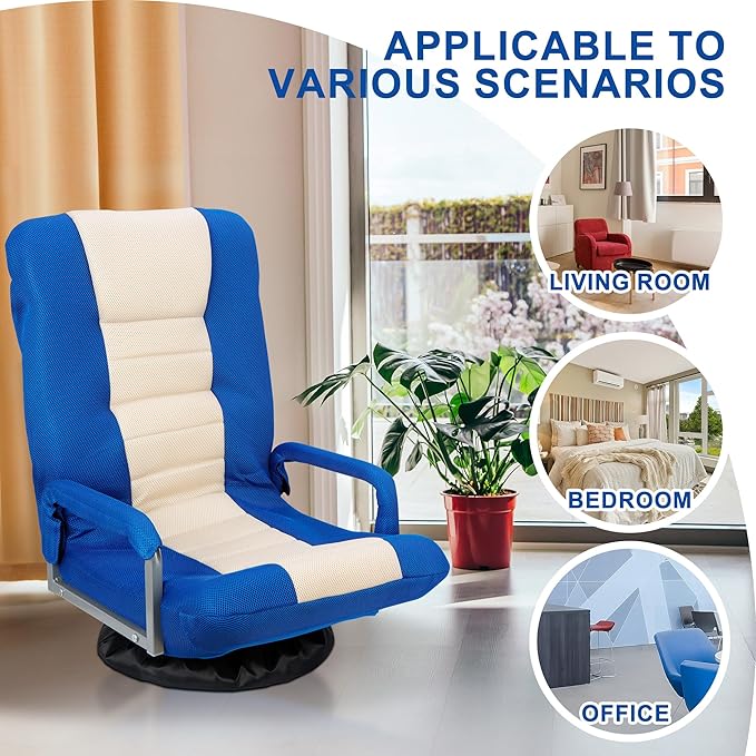 SUPER DEAL Floor Gaming Chair with Arms Floor Lazy Lounger Chair with Adjustable 5 Positions 360 Degree Swivel for Adults Teens Reading Relaxing Watching TV Blue and Beige