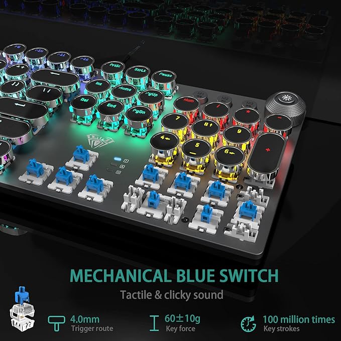 AULA F2088 Typewriter Style Mechanical Gaming Keyboard WiredBlue SwitchesRainbow LED BacklitRemovable Wrist RestMedia Control KnobRetro Punk Round KeycapsUSB Wired Computer Keyboard