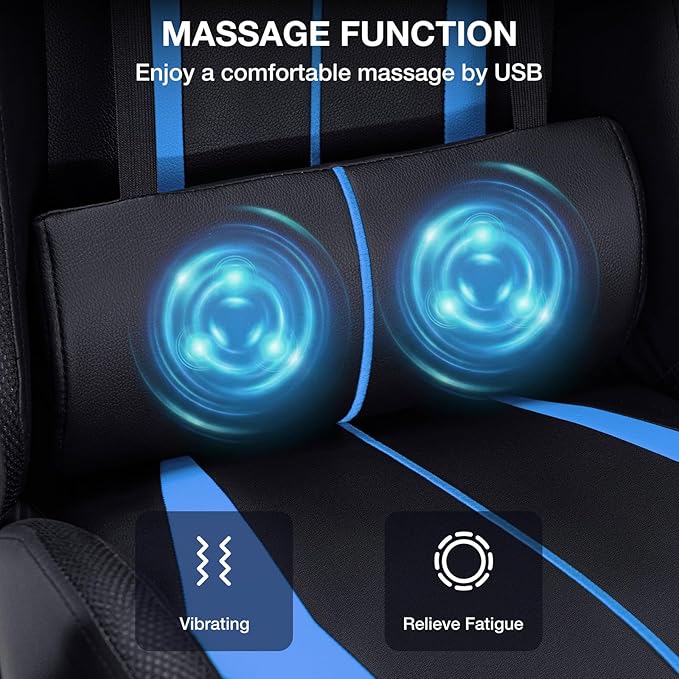 HOFFREE Gaming Chair with LED RGB Lights with Massage and Footrest Ergonomic Computer Chair High Back Video Game Chair with Adjustable Lumbar Support Linkage Armrest Blue and Black