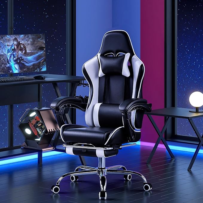 VECELO Ergonomic Gaming Chair with Footrest Comfy Recliner Computer Chair Swivel Seat Height Adjustable High Back PU Leather Lumbar Support Headrest for Adults Black