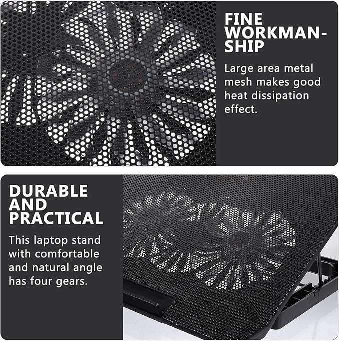 BESPORTBLE Gear Silent Laptop Cooler Stand with High-Speed Fans for Notebooks Black Metal Mesh Radiator Cooling Pad for Enhanced Heat Dissipation