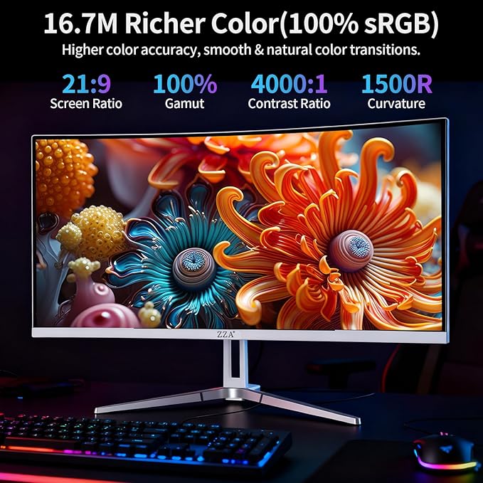 ZZA 34'' Gaming Monitor-165Hz/180Hz WQHD (3440x1440P) Ultrawide 34 White Curved MonitorFreeSync for Tear-Free Gaming100% sRGB HDMI 2.1 &amp DP 1.4PBP ModeWall Mountable