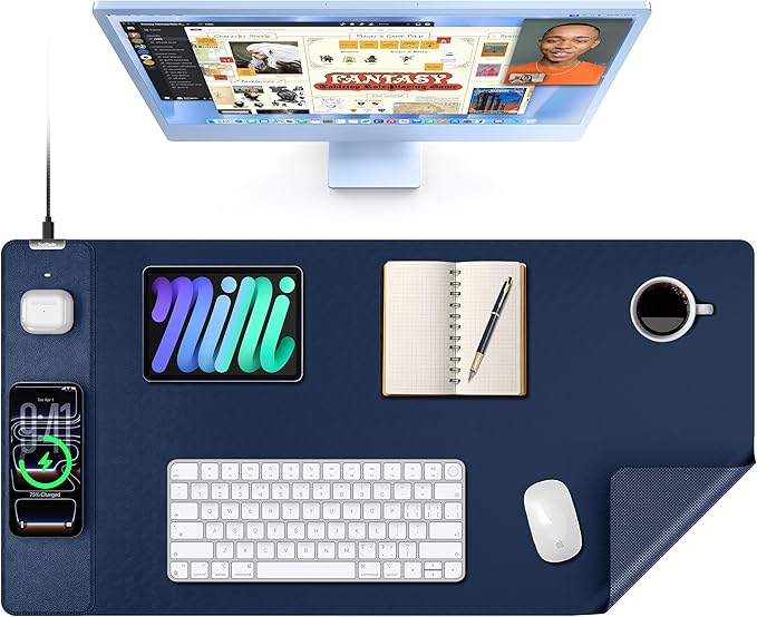 TopMade Mouse Pad with 15W Wireless Charging XXL Large Leather Desk Mat Waterproof Gaming Mousepad Home Office Desk Pad Protector Computer Keyboard Pad Mouse Mat for MacBook PC Laptop Blue