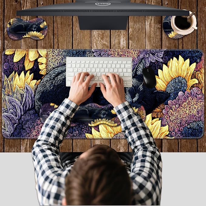 Ergonomic Keyboard Wrist Rest &amp Mouse Pad Wrist Rest SetXL Gaming Desk Mat 31.5x 11.8Non-Slip BaseMemory FoamEasy Typing Pain Relief for Office &amp HomeBlack Cat with Sunflowers