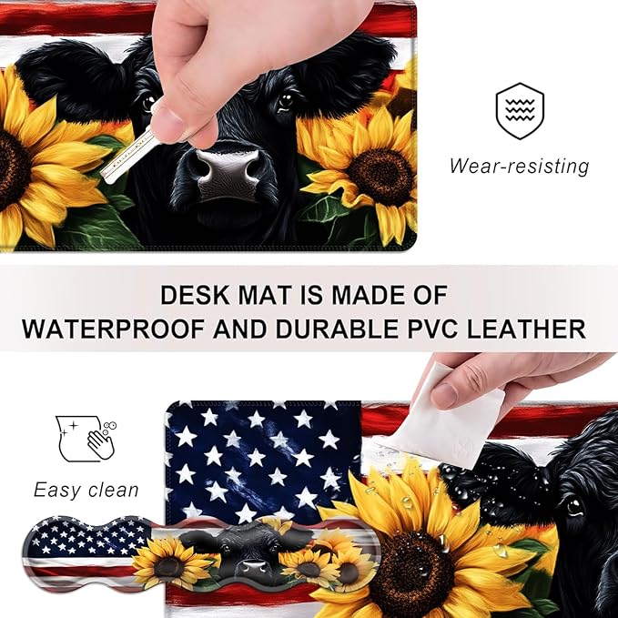 Mouse PadLarge Desk Mat Set 4in1 XL Mousepad + Keyboard Wrist Rest+Mouse Wrist Rest+Coaster with Ergonomic Desk Pad for Home Office Table Computer Cover -American Flag Black Cow