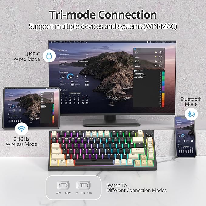 75% Wireless Creamy Mechanical Keyboard Hot Swappable Custom Keyboard RGB Backlit Gasket Gaming Keyboard 2.4G/BT5.0/USB-C Mechanical Gaming Keyboard Pre-lubed Linear Gray Cream Switches