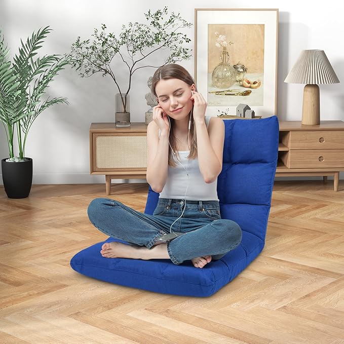 ERGOMASTER Floor Chair with Back SupportAdjustable Folding Gaming Chair 14-Position Cushioned Lazy Sofa for TV Reading MeditatingGaming for Adults(Navy Blue)