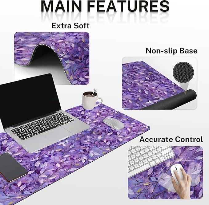 Britimes Purple Oil Painting Leaves Keyboard Mouse Pad Set Plant 4in1 Large Mousepad+Keyboard Wrist Rest+Mouse Wrist Rest+Coaster Ergonomic Design for Home Office Computer 35.4x15.7 inches