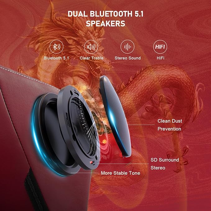 GTPLAYER Gaming Chair with Bluetooth Speakers and Footrest Dragon Series Video Game Chair Heavy Duty Ergonomic Esports Computer Office Chair (RED)
