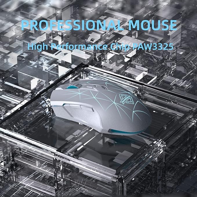 AJ52PRO Watcher 2.4G Wireless/ Bluetooth 5.0/ Wired Gaming Mouse 10000 DPI Programmable 7 Buttons Ergonomic LED Backlit USB Gamer Mice Computer Laptop PC for Windows Mac Linux OS Star White