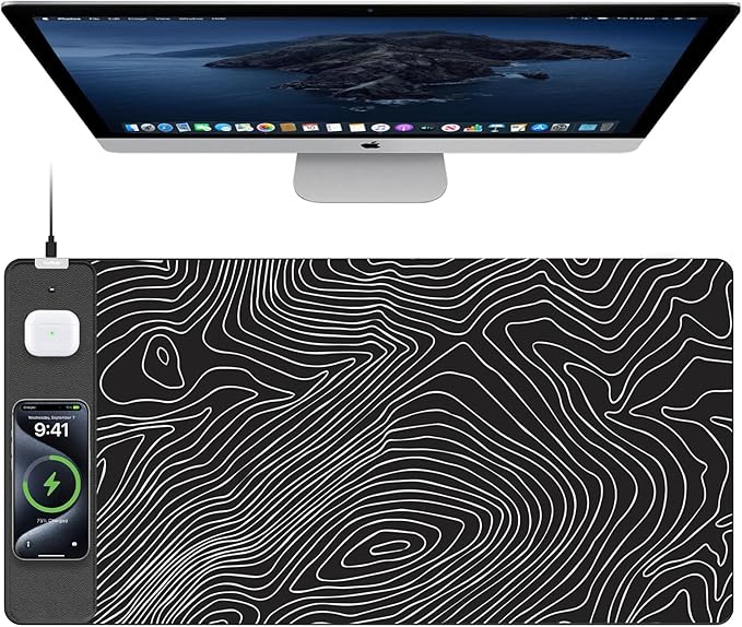 TopMade Mouse Pad with 15W Fast Wireless Charging 31.5x15.75 XXL Large Gaming Waterproof Desk Pad with Ultra-Smooth Surface Non-Slip Base Computer Desk Mat Black Topographic Map #1