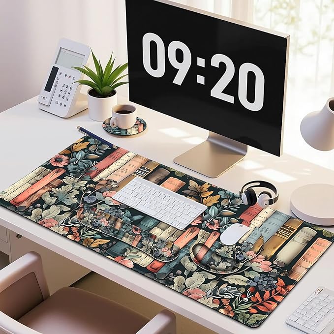Nature Aesthetic Florals Books Mouse Pad XXL Large Desk Mat Extended Reading Desk pad 4PCS Non-Slip Rubber Base Computer Big Mousepads for Work Game Office Home Decor Accessories I Bookworm Gift