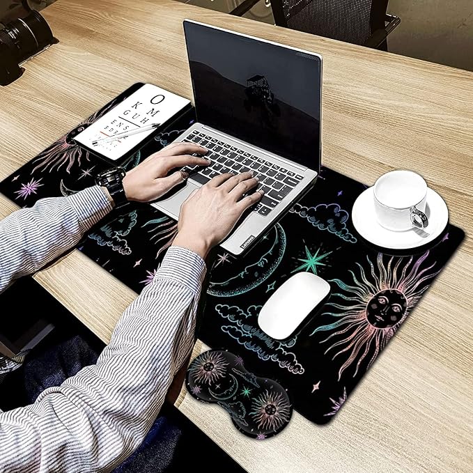 Large Gaming Mouse Pad 31.5x11.8 in Extended Computer Mouse Mat with Non-Slip PU Base Ergonomic Memory Foam Keyboard Wrist Rest for Work &amp Gaming Cute Sun Moon Black Office Desk Pad