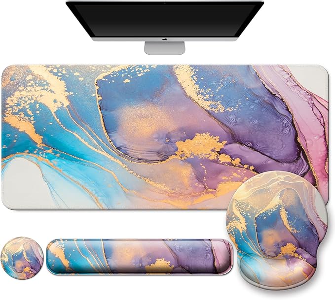 Mouse Pad + Desk Mat + Keyboard Wrist Rest + Coaster 4 in 1 Set Cute Ergonomic Large Gaming Mousepad with Wrist Rest Support Desk Pad for Computer Laptop Office Home Decor-Marble 3