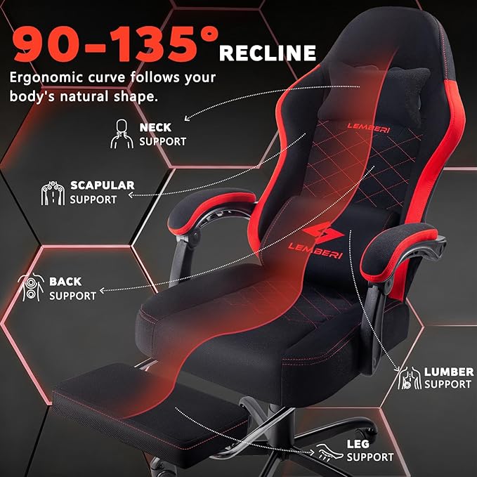LEMBERI Gaming Chair Fabric Big and Tall Video Game Chairs for Adults with FootrestRacing Style Ergonomic Computer Gamer Chair with Headrest and Lumbar Support (Red)