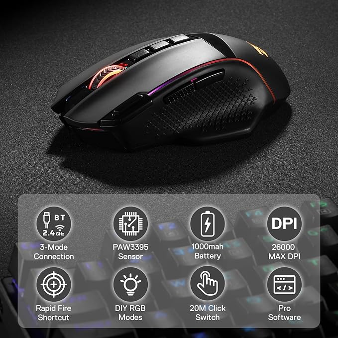 Redragon M991 Wireless Gaming Mouse 26000 DPI 3-Mode Gamer Mice w/Rapid Fire Key 9 Macro Buttons Powerful Capacity and RGB Backlight for PC/Mac/Laptop Black