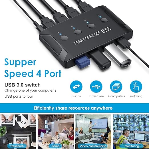 USB 3.0 Switch Premium USB Switcher Computers Sharing 4 USB Devices for Keyboard Mouse Printer Scanner Peripheral Switcher Box Compatible with Mac/Windows/Linux