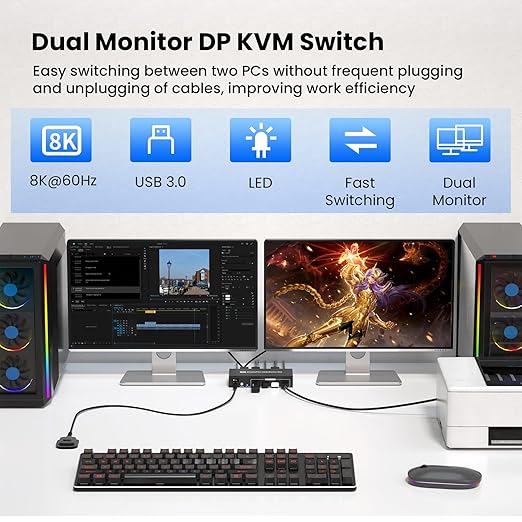 8K@60Hz Dual Monitor Displayport KVM Switch 2 Monitors 2 Computers USB 3.0 4K@120Hz DP KVM Switch for 2 PCs Share 2 Monitors and 4 Port USB 3.0 to Connect Keyboard Mouse Printer and More