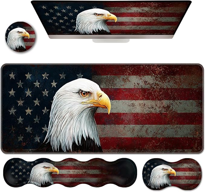 Ergonomic Keyboard Wrist Rest &amp Mouse Pad Wrist Rest SetXL Gaming Desk Mat 31.5x 11.8Non-Slip BaseMemory FoamEasy Typing Pain Relief for Office &amp HomeVintage USA Flag Bald Eagle
