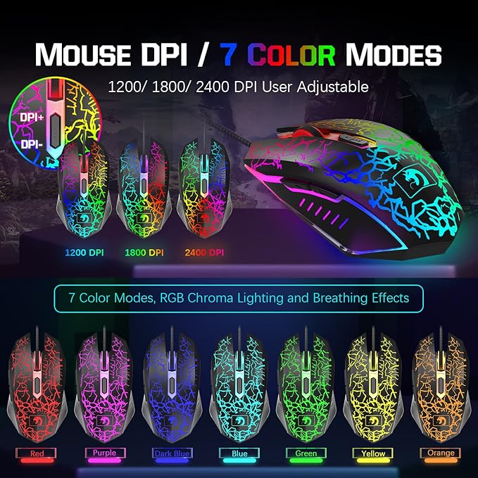 Wired Rainbow LED Backlit Keyboard and Mouse Over Ear Headphone with Mic Gaming Mice and Pad for PC Xbox and PS4 (Black/White)