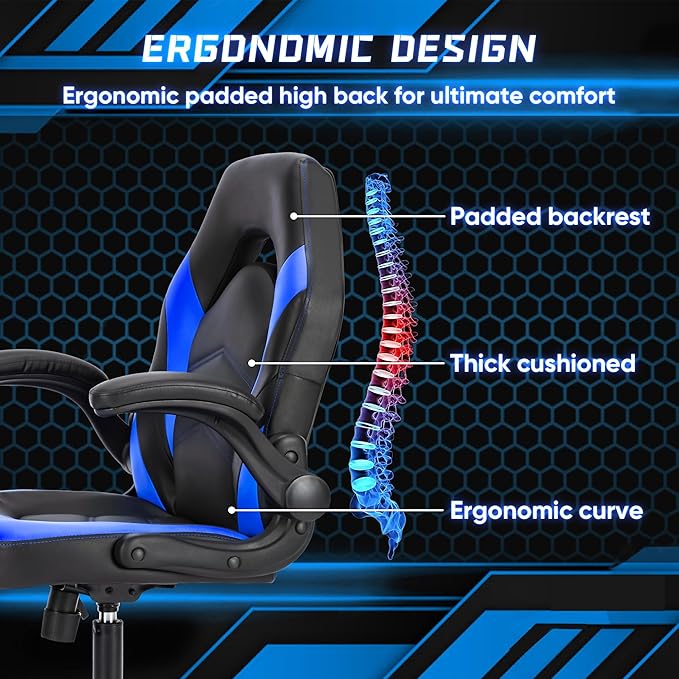 OLIXIS Computer Gaming Chair - PU Leather Ergonomic Lumbar Support with Flip-up Armrest and 360° Swivel Wheels Height Adjustable Task Home Office Desk Video Racing Blue